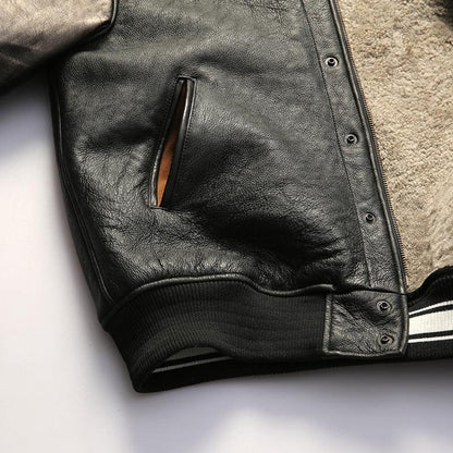 Men’s Black Leather Bomber Jacket with Real Shearling Collar