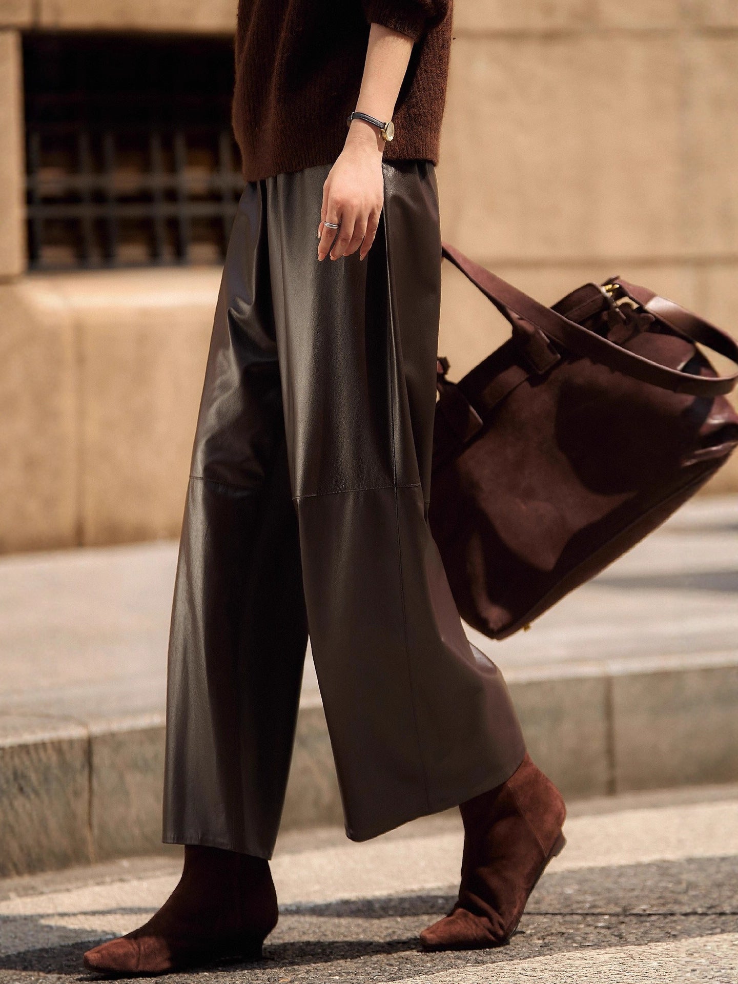 High waist cropped leather wide leg pants