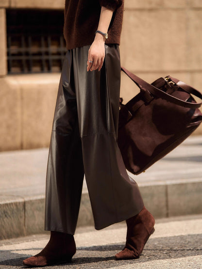 High waist cropped leather wide leg pants