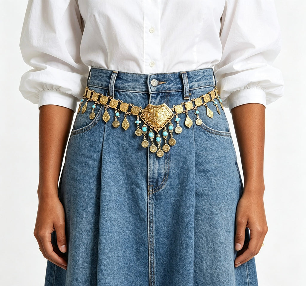 Gold Waist Chain with Coin Tassels and Turquoise Accents