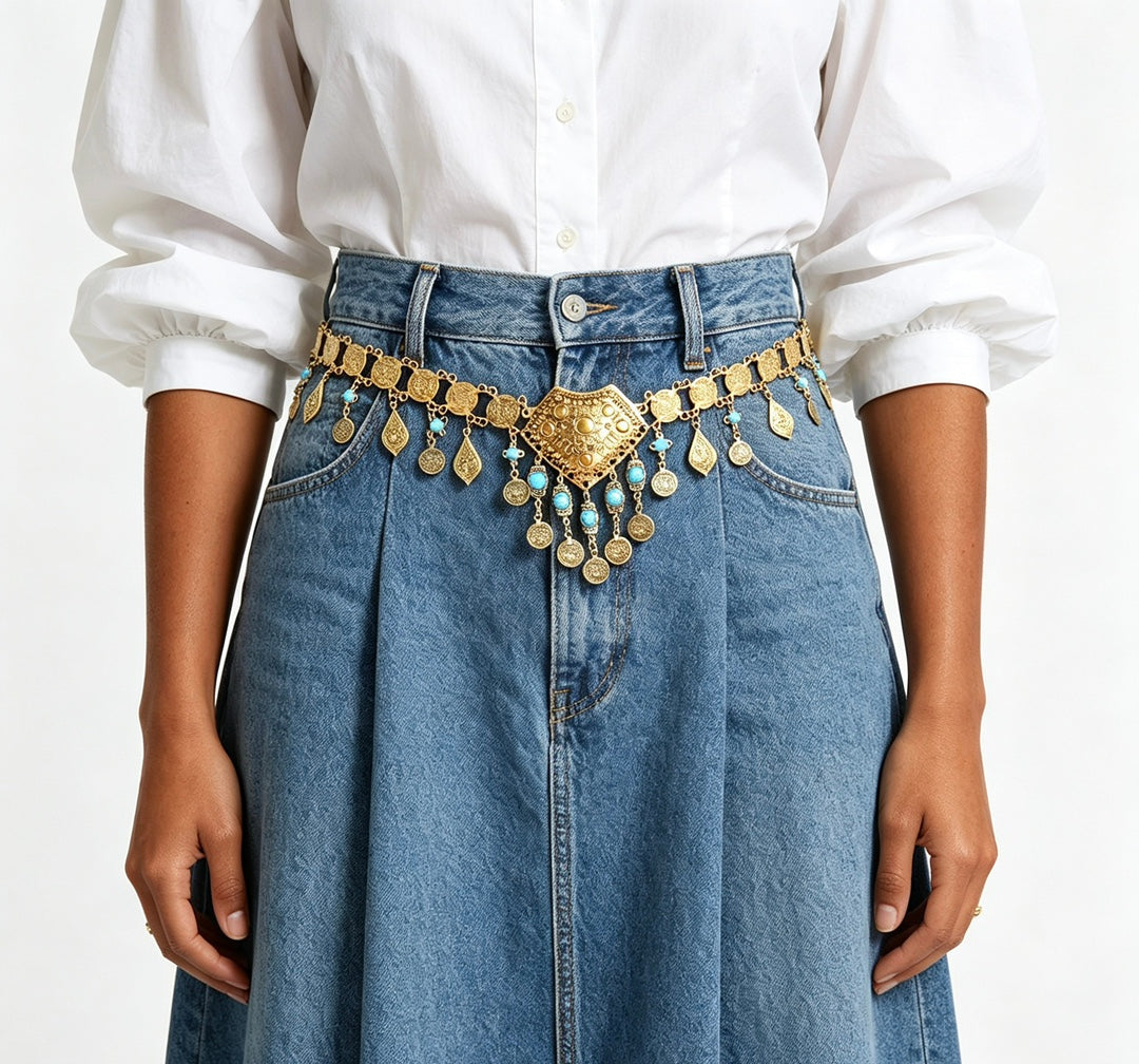 Gold Waist Chain with Coin Tassels and Turquoise Accents