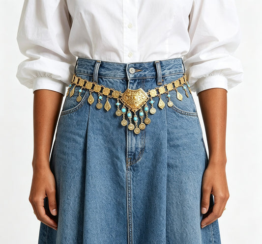 Gold Waist Chain with Coin Tassels and Turquoise Accents