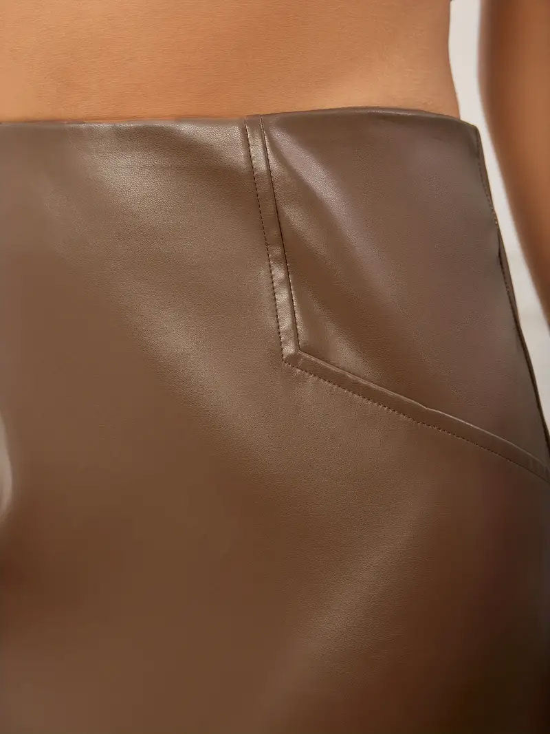 Brown Faux Leather Pencil Skirt High Waist PU