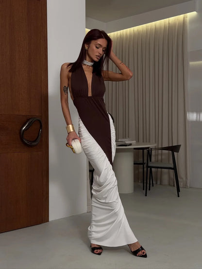 Brown white halter ruched color block maxi dress