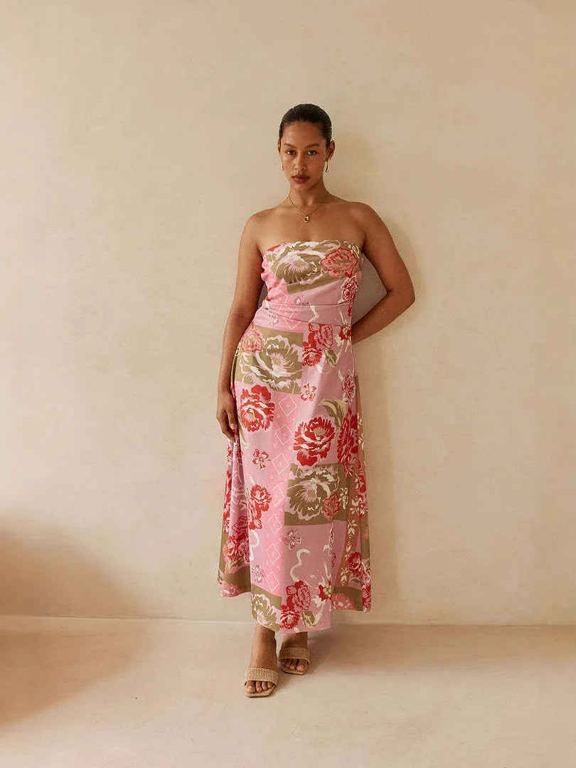 Pink floral strapless linen maxi dress