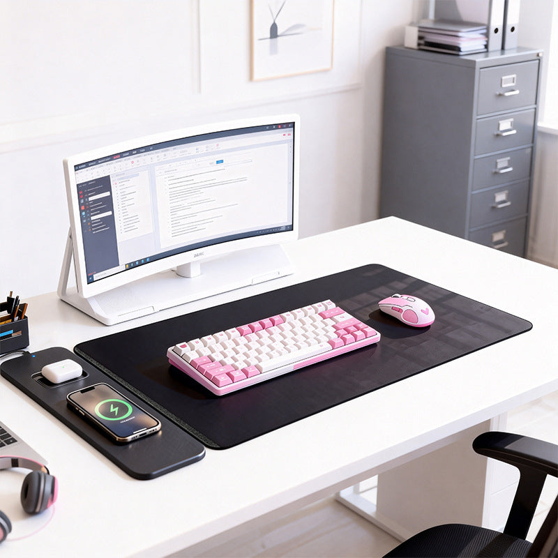 Leather desk pad with magnetic charging side panel