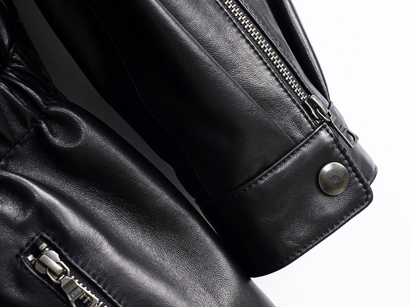 Women’s Leather Moto Trench Coat with Waist Cinch and Buckle Collar