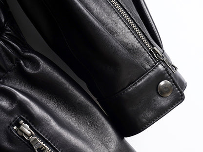 Women’s Leather Moto Trench Coat with Waist Cinch and Buckle Collar