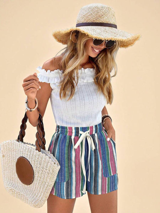 High Waisted Striped Cotton Summer Shorts with Drawstring