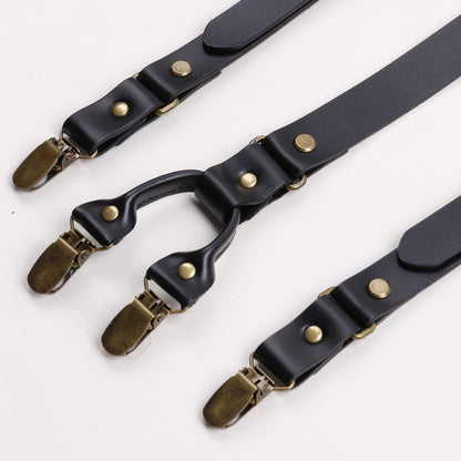 Adjustable men leather suspenders with three clips