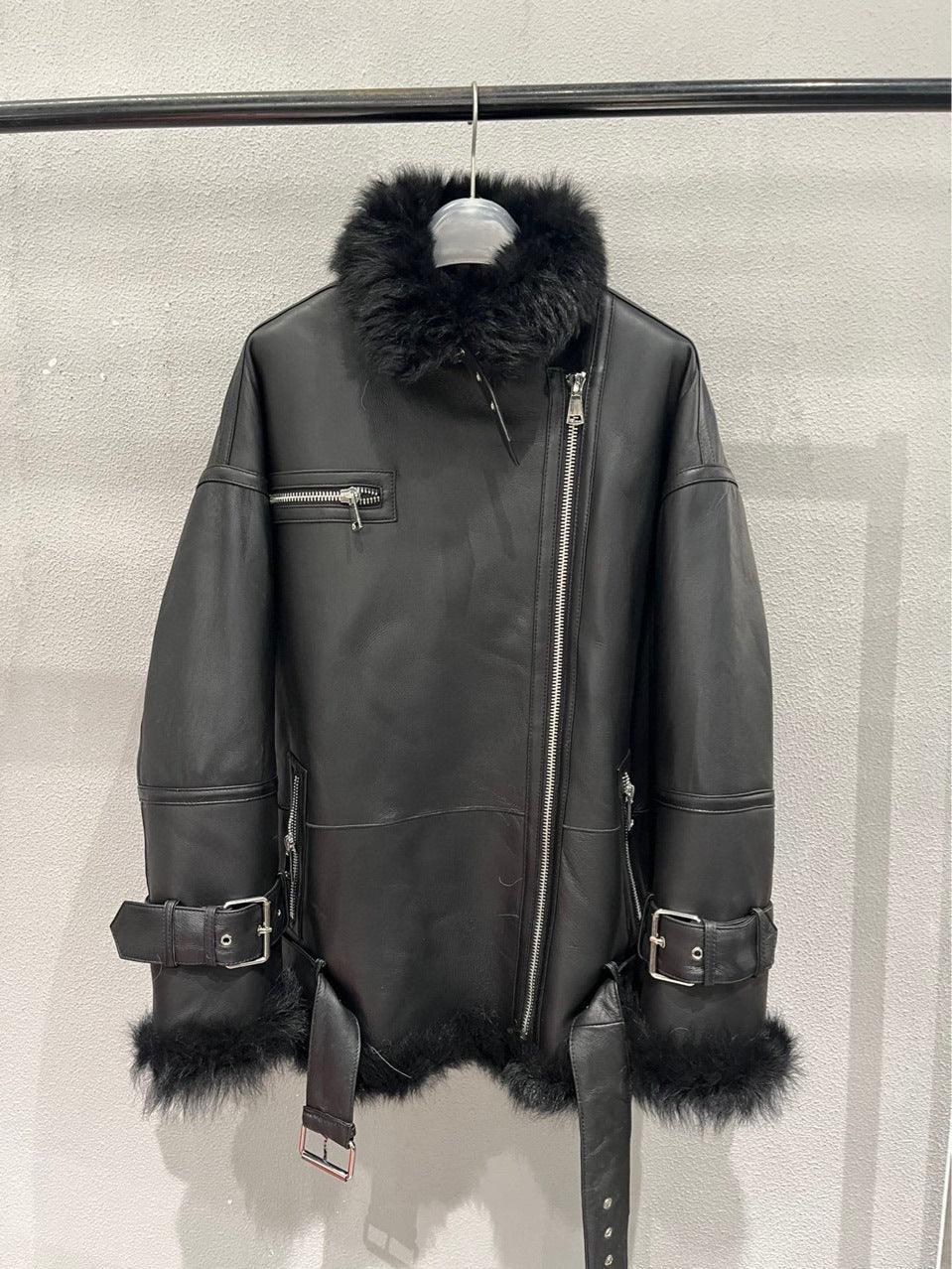 Women Leather Jacket with Real Fur Lining Moto Bomber Style