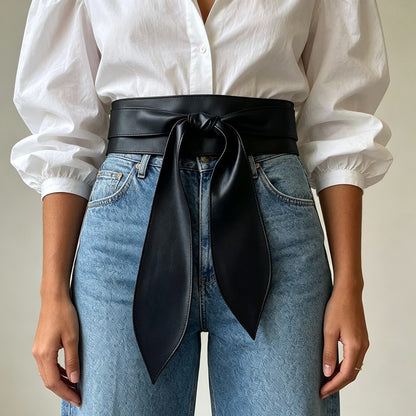 Women’s Wide Faux Leather Bow Tie Waist Belt