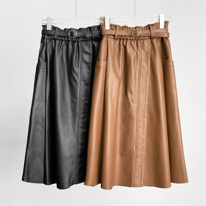 High Waist Black Leather Midi Skirt with Belt Pleated Design