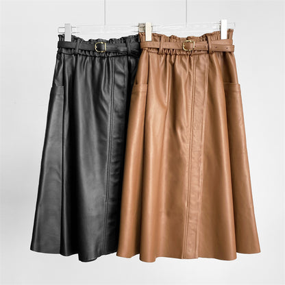 High Waist Black Leather Midi Skirt with Belt Pleated Design