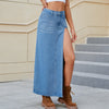 high slit denim long skirt