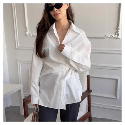 Women wrap tie waist long sleeve blouse
