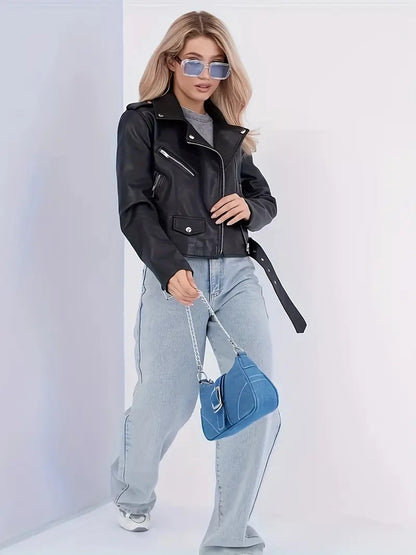 Women’s Cropped Motorcycle PU Leather Jacket