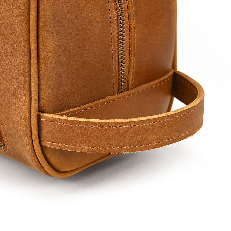 Men’s Genuine Leather Toiletry Bag with Front Zipper Pocket