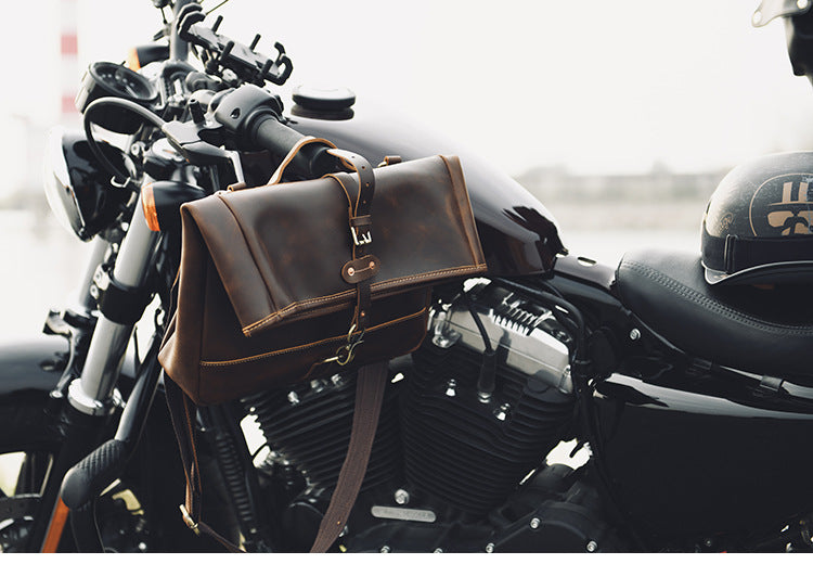 Men’s Crazy Horse Cowhide Leather Motorcycle Messenger Bag
