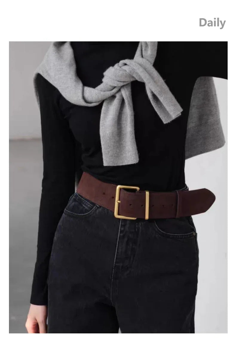 Women suede leather wide belt for coats