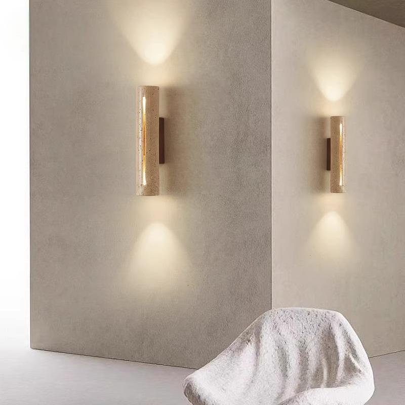 Travertine Wall Light Natural Stone and Walnut Wood Sconce