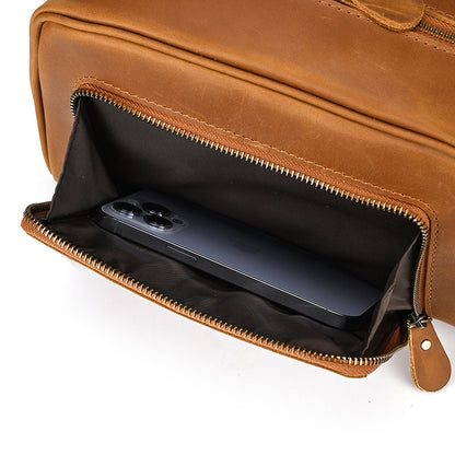 Men’s Genuine Leather Toiletry Bag with Front Zipper Pocket