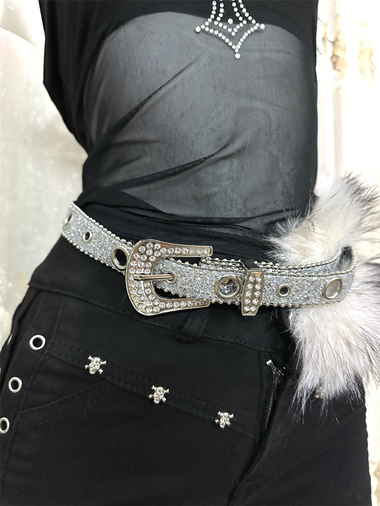 Faux fur diamond waist belt women y2k rhinestone punk style