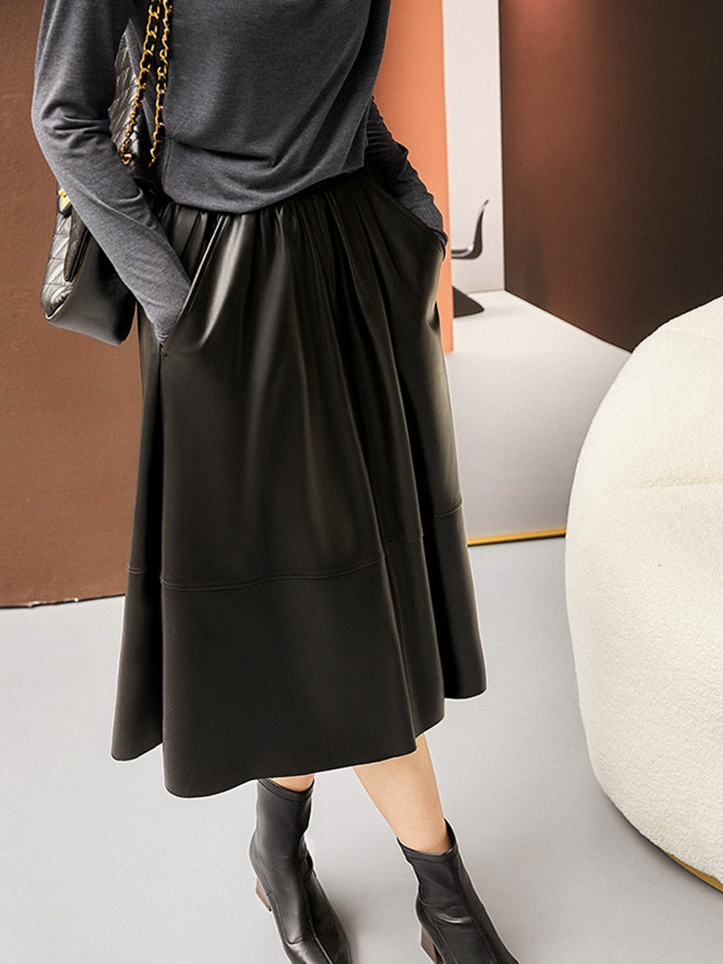 Sheepskin a-line leather midi skirt belt Black S