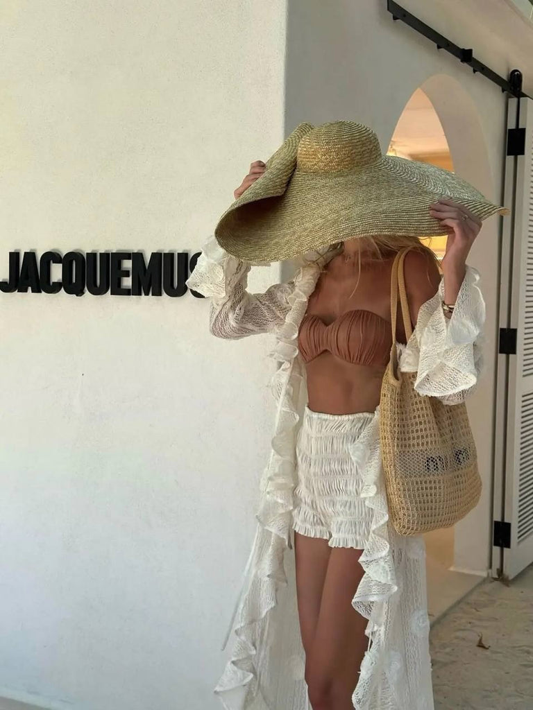 White Three Piece Bikini Set with Crochet Cover Up