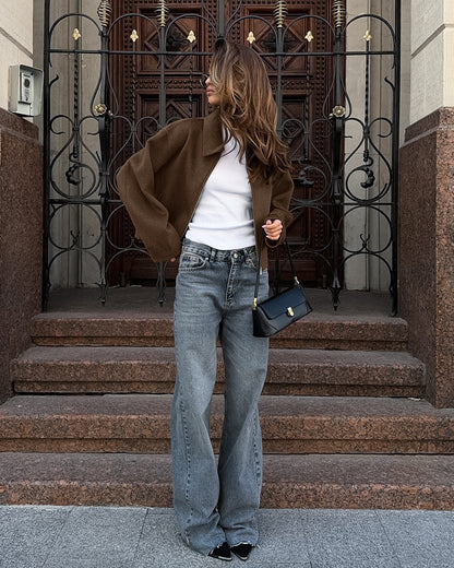 Women Brown Lapel Wool Coat Cropped Loose Fit Zipper Jacket