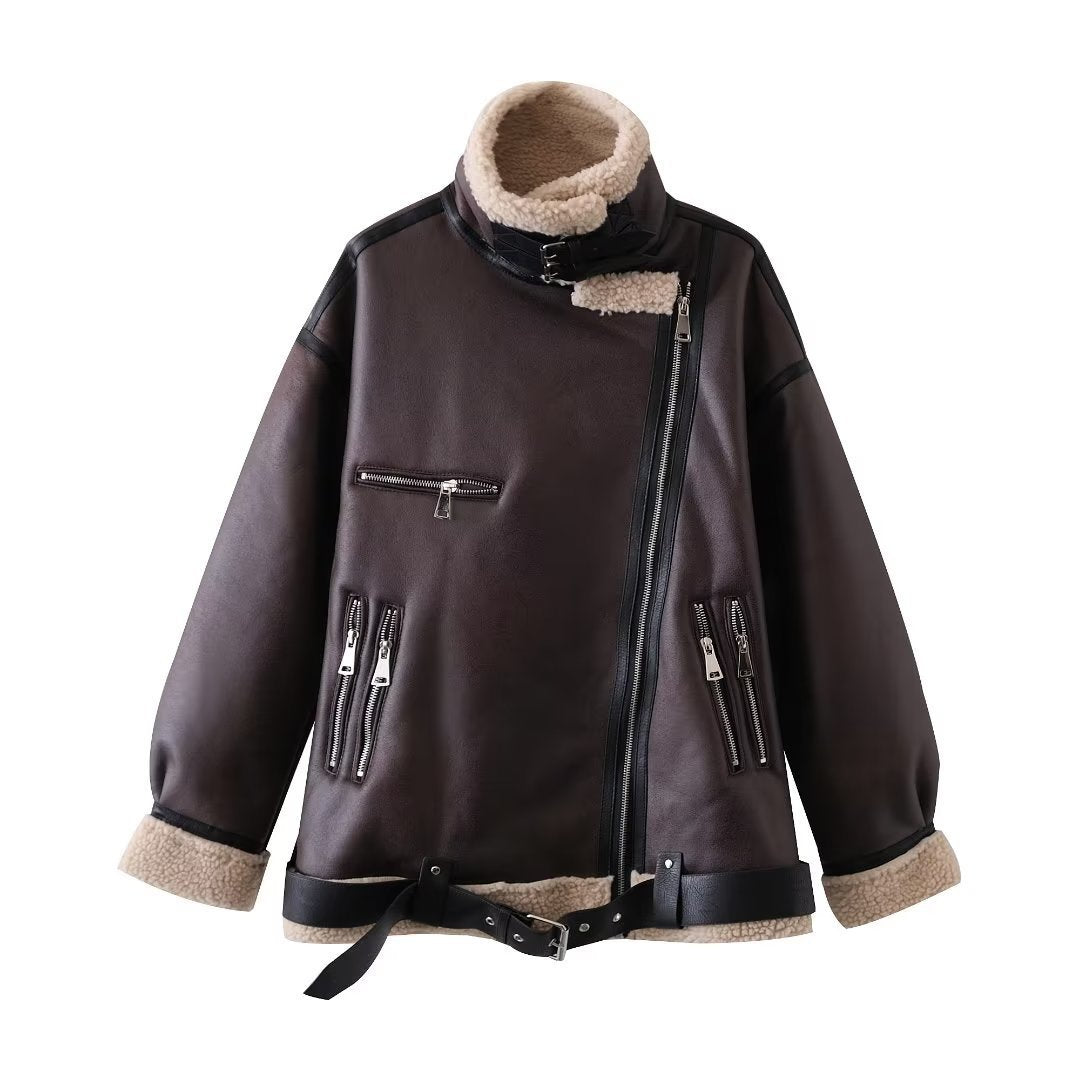 Brown shearling jacket with faux leather zip details