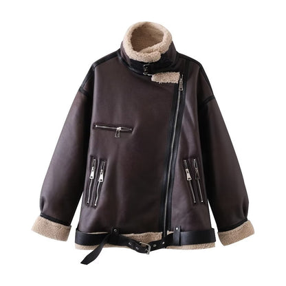 Brown shearling jacket with faux leather zip details