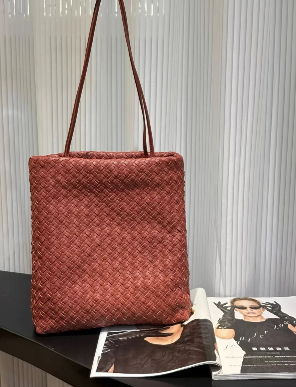 women leather woven tote bag for commuting Brown