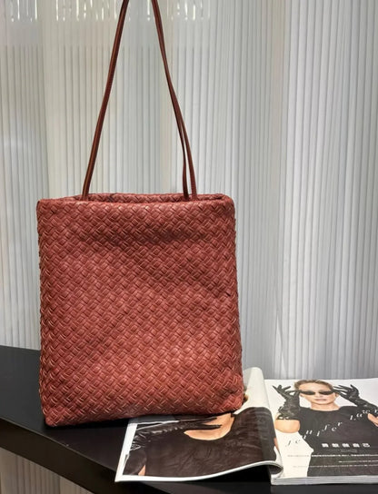 women leather woven tote bag for commuting Brown