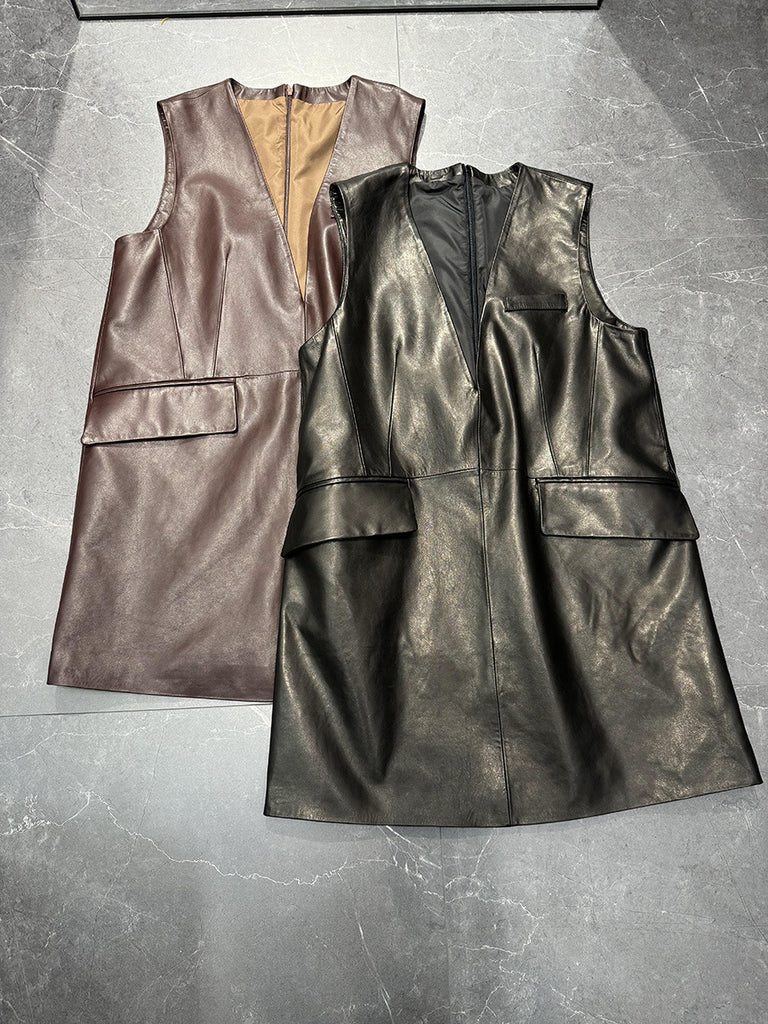 Women Oil-Waxed Genuine Leather V-Neck Vest Dress