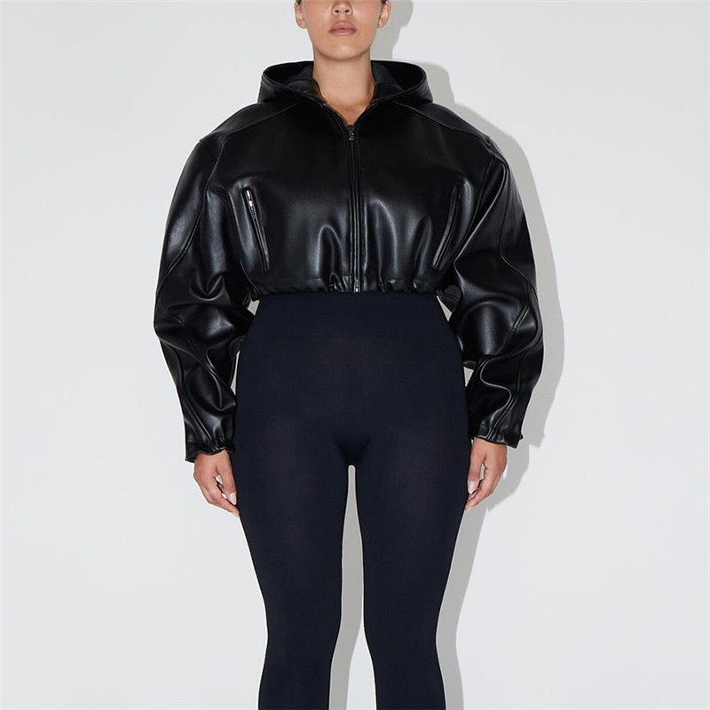 Women’s Faux Leather Cropped Hooded Jacket Short Bomber