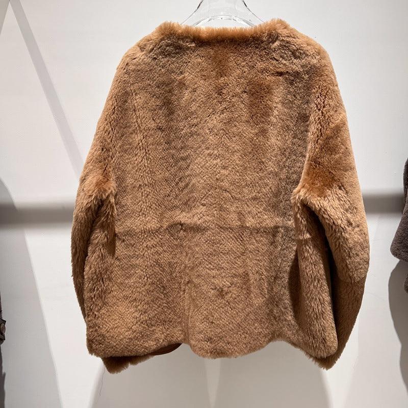 Women Leather Real Fur Coat Short Shearling Round Neck Jacket