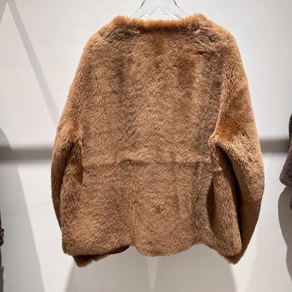 Women Leather Real Fur Coat Short Shearling Round Neck Jacket