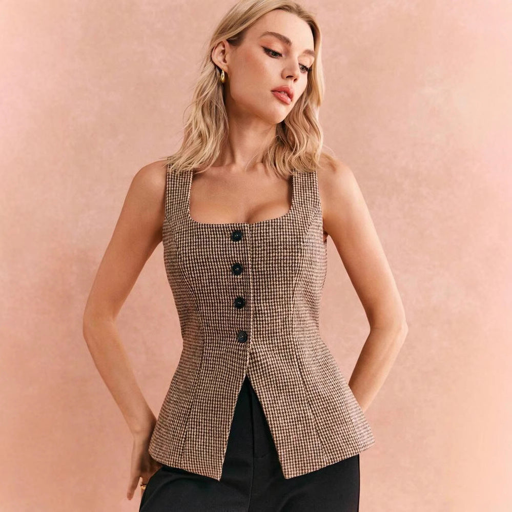 Plaid Khaki Sleeveless Tank Top Jacket