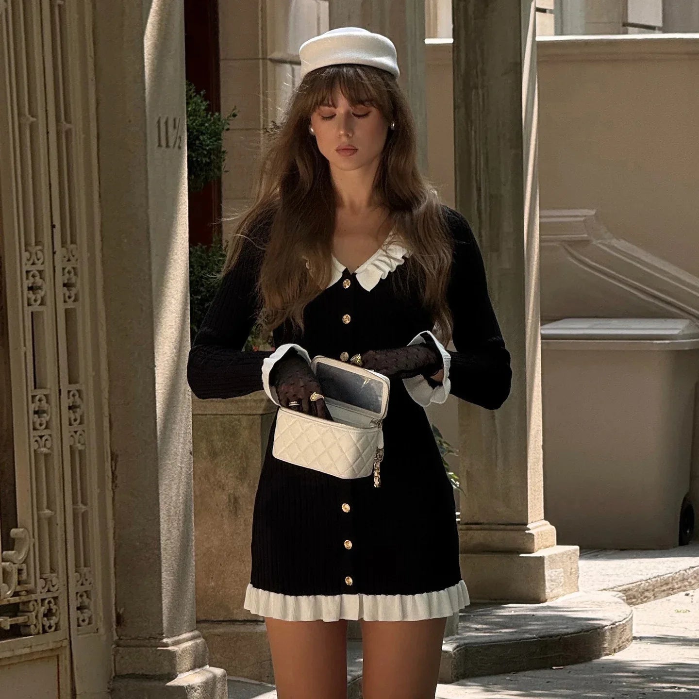 French hepburn black ruffled knit bodycon dress