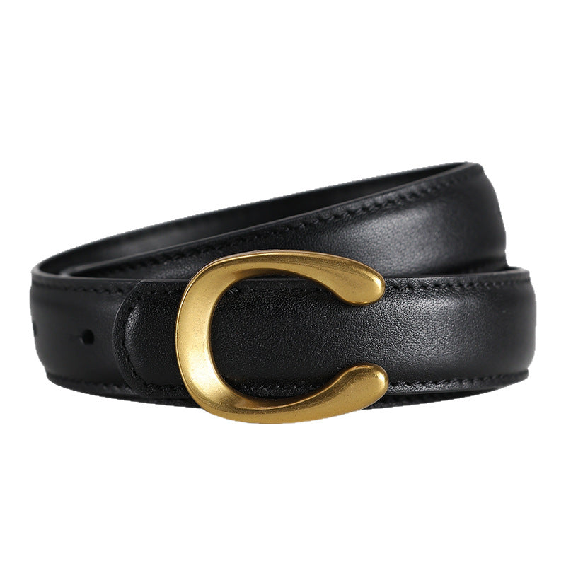 Women’s Black Leather Belt with Slim Gold C Buckle