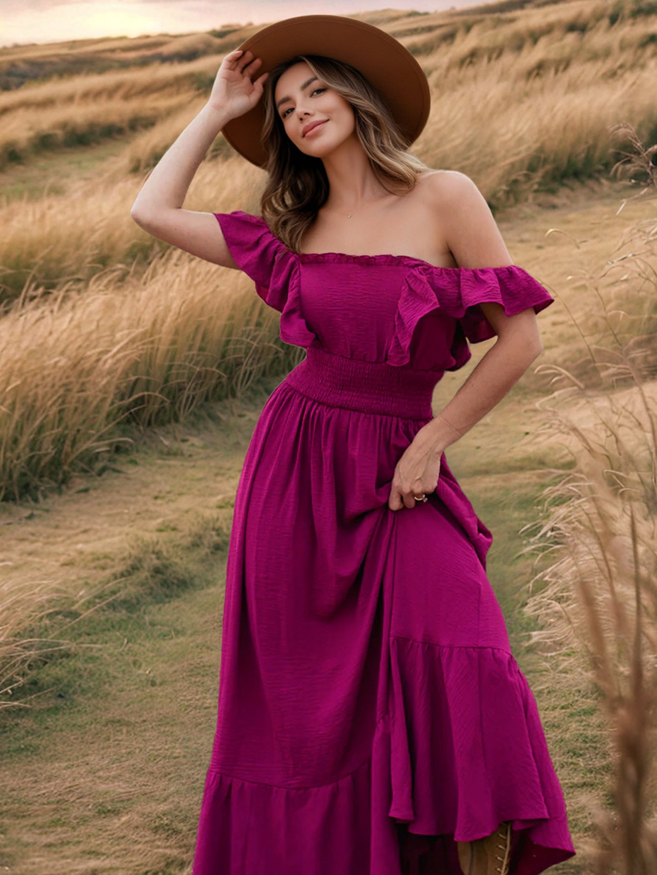 Hot Pink Ruffle Maxi Dress with Shoulder Detail