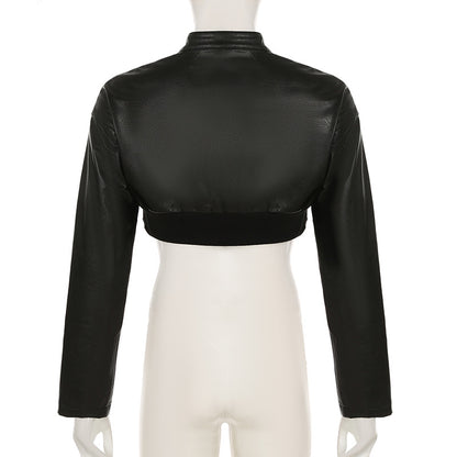 Cropped Faux Leather Jacket Women Moto Bomber Style