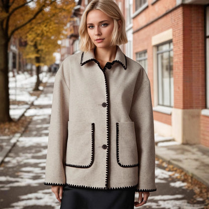 Women’s Wool Blend Contrast Trim Lapel Jacket with Double Pockets