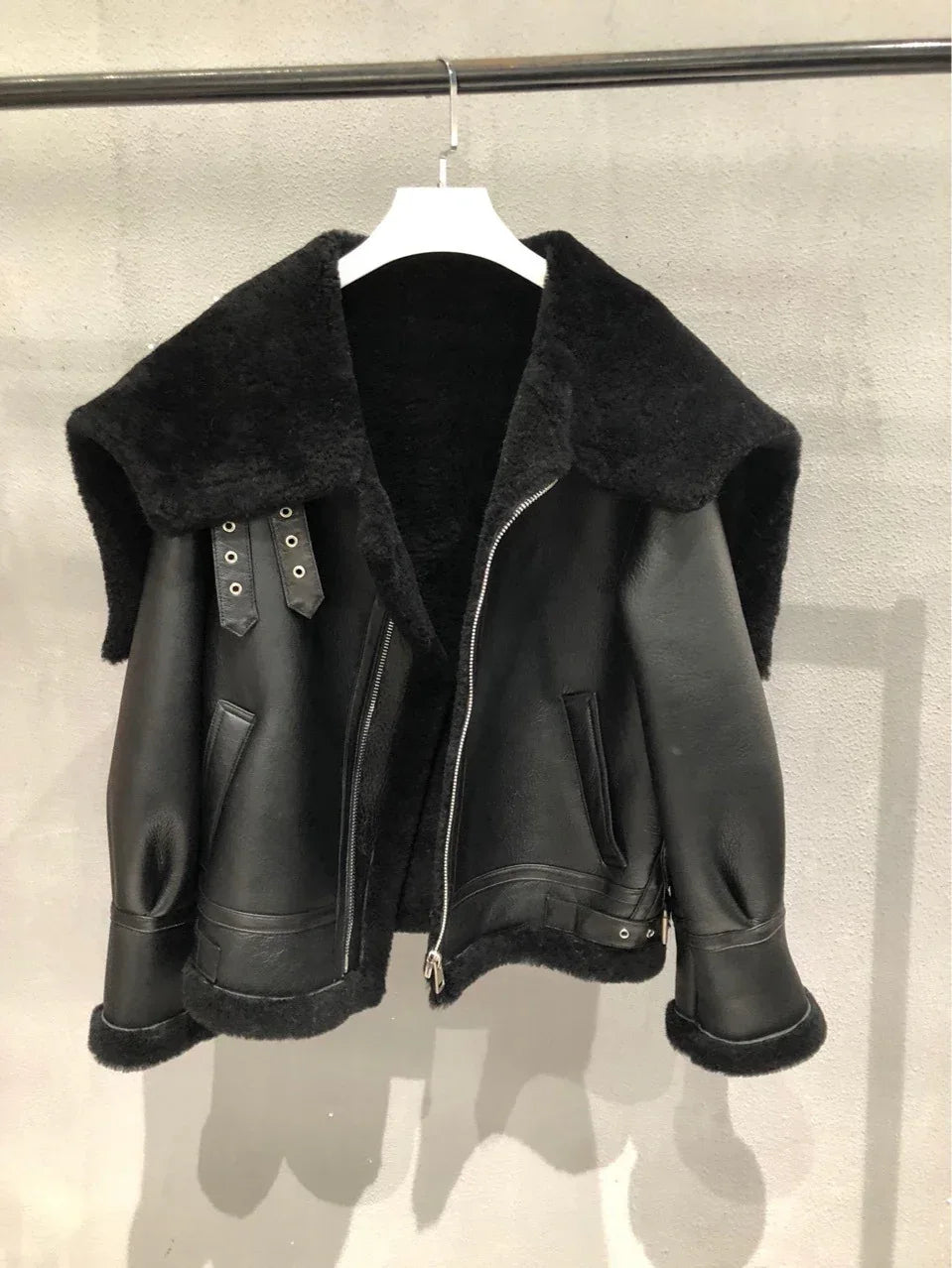 Women’s Black Leather Bomber Jacket with Fur Collar