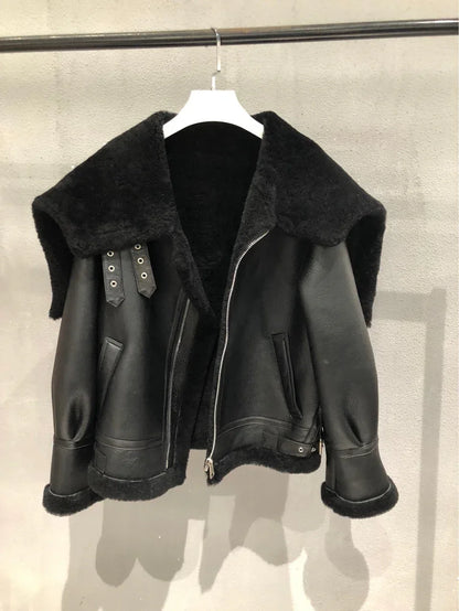 Women’s Black Leather Bomber Jacket with Fur Collar