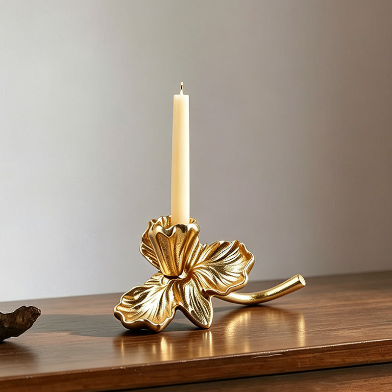 Gold Iris Flower Taper Candle Holder with Sculptural Petal Design
