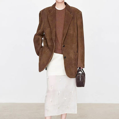 Genuine Leather Suede Jacket Oversized Suit Coat for Women