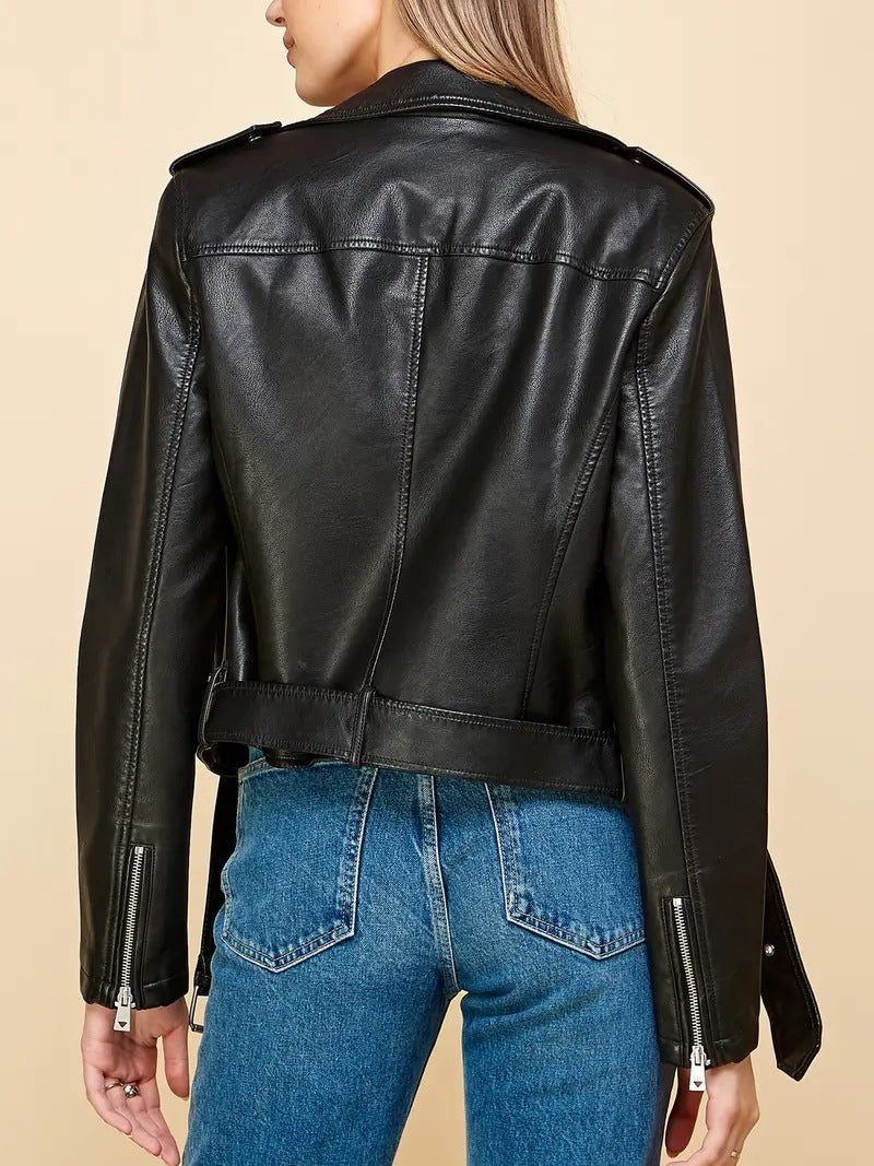 Women’s Grey PU Leather Cropped Motorcycle Jacket With Belt