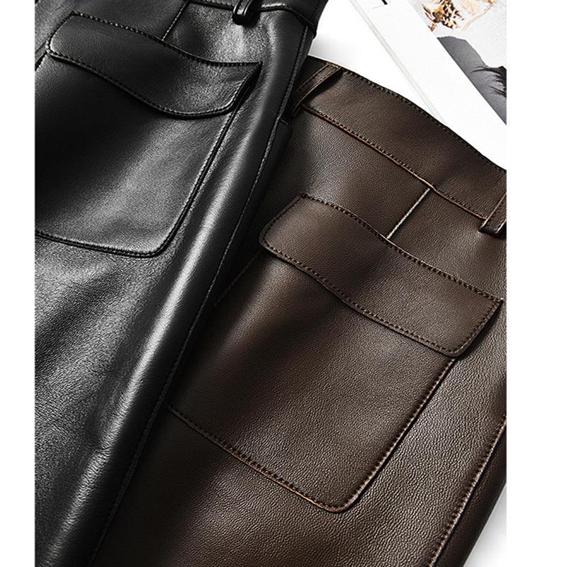 High waisted midi leather skirt with front slit and pockets